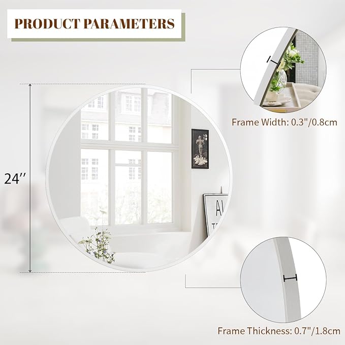 BEAUTYPEAK 24 Inch Round Mirror, Metal Frame Circle Mirror, Wall Mounted for Entryway, Bathroom, Vanity, Living Room, White-Ruum Studio Home