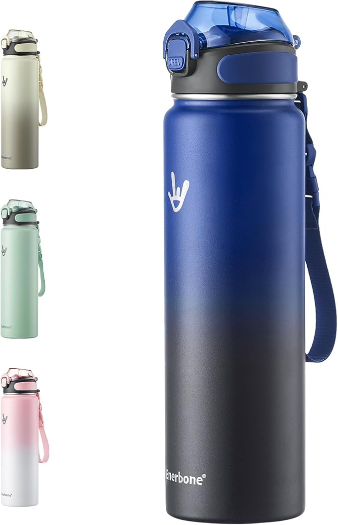 Enerbone 32 oz Insulated Water Bottle, Stainless Steel Bottle with Carrying Strap, Double-Wall Vacuum Insulation Design, Leakproof Sports Bottle with Straw, Keep Drinks Cold or Hot for Hours-Ruum Studio Home