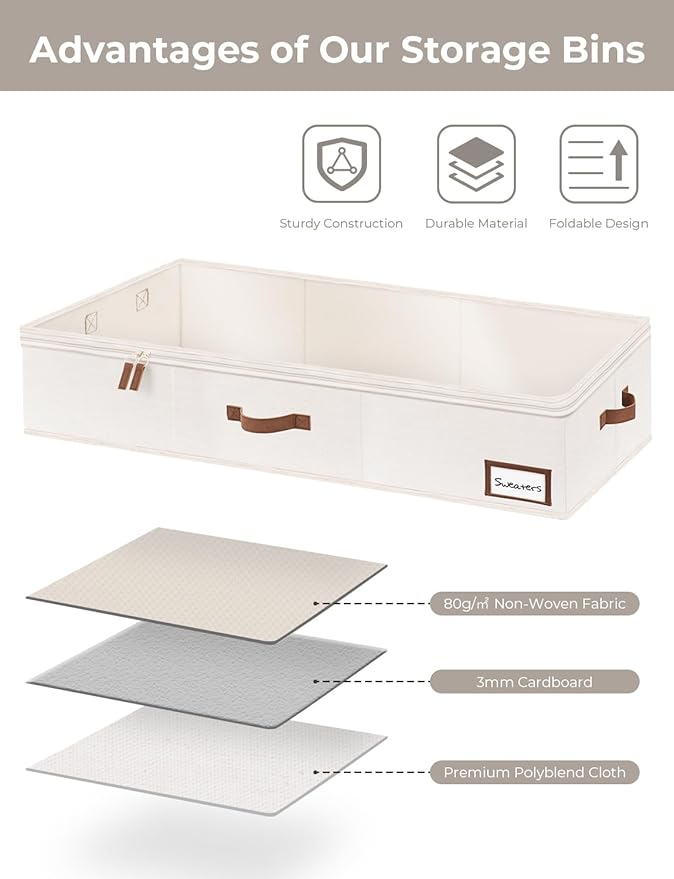 StorageWorks Under Bed Storage Containers with Handles and Label Holder, 2 Pack Ultra-thick Fabric Underbed Bins, Closet Organizer for Clothes, Blankets, Sweater-Ruum Studio Home