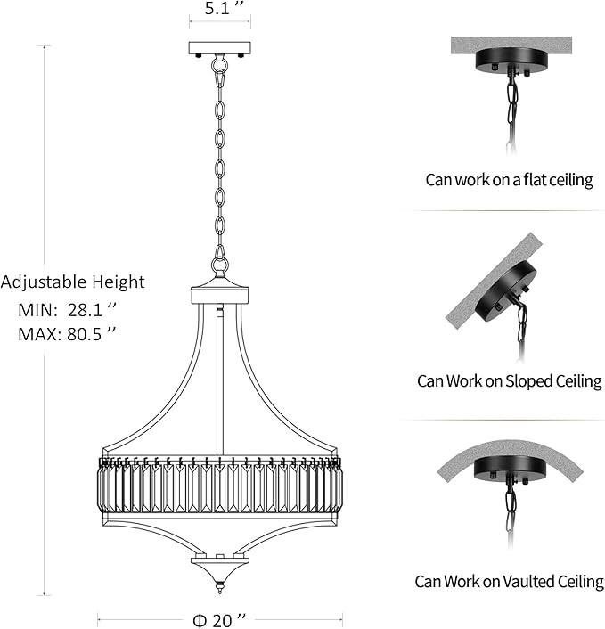20" Modern Farmhouse Crystal Chandeliers for Dining Room, 5-Light Black Antique Pendant Chandelier, Contemporary Hanging Light Fixture for Living Room Bedroom Foyer Kitchen Island Entryway-Ruum Studio Home