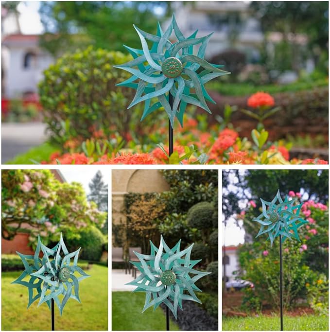 Viveta Metal Wind Spinners,53.5" Kinetic Wind Sculptures,Green Garden Pinwheels Double Layer Windmill for Outdoor Patio Lawn Yard-Ruum Studio Home