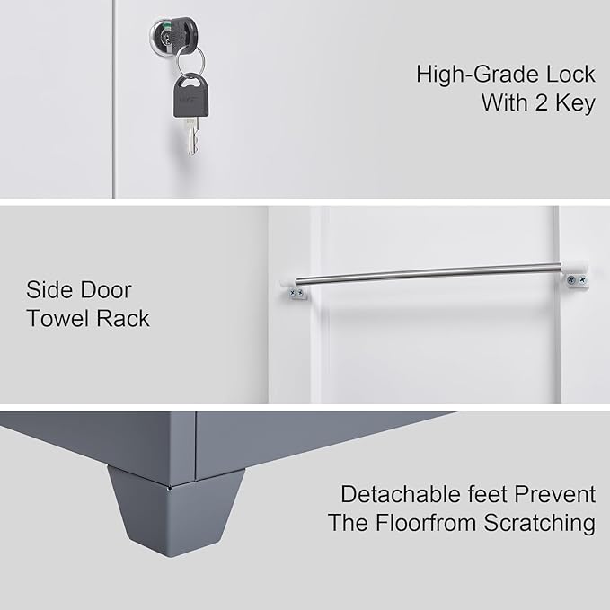 Locking Cabinet,Metal Storage Cabinet with Doors and Shelves,Broom Closet Storage Cabinets for Bedroom,Home Office,Grey-White-Ruum Studio Home