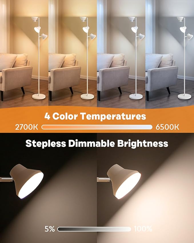 White Floor Lamp, 36W Modern Dimmable Standing Lamp 2700-6500K, 3 Rotatable LED Lights Reading Tall Lamp, Touch & Remote Control Floor Lamps for Living Room Bedroom Office-Ruum Studio Home