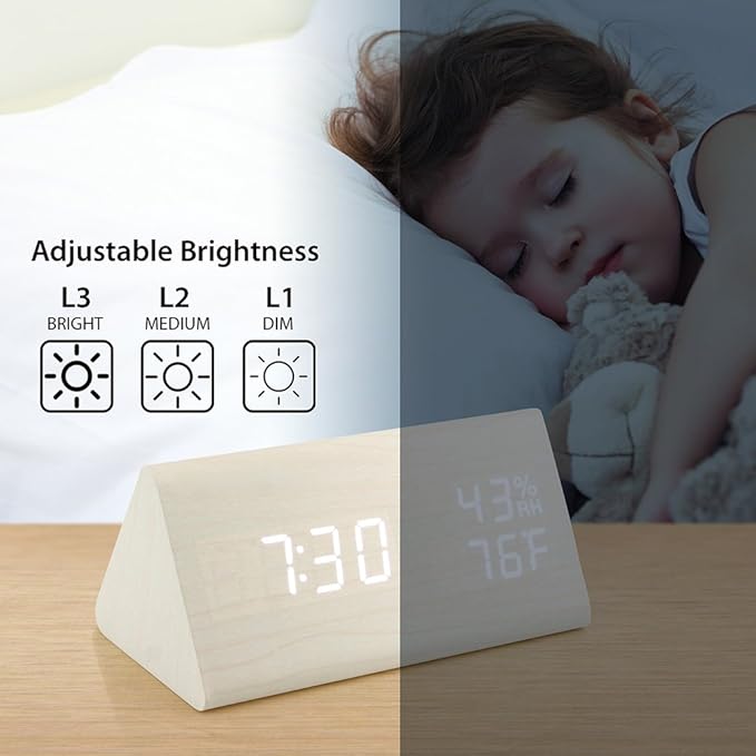 OCT17 Wooden Alarm Clock, Wood Alarm Clock Smart LED Digital Clock for Bedroom/desks, Upgraded with Time Temperature, Adjustable Brightness and Voice Control, Humidity Displaying - White-Ruum Studio Home