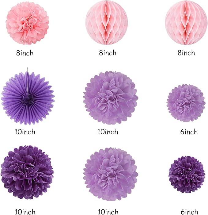 Purple Pink Birthday Party-Decorations Paper-Flowers - 14pcs Happy Banner Lavender Lanterns Tissue Pom Poms,Lilac Streamers Garland Fans Honeycomb,Women Girls Adult Kids Hanging Supplies Decor Hugfond-Ruum Studio Home