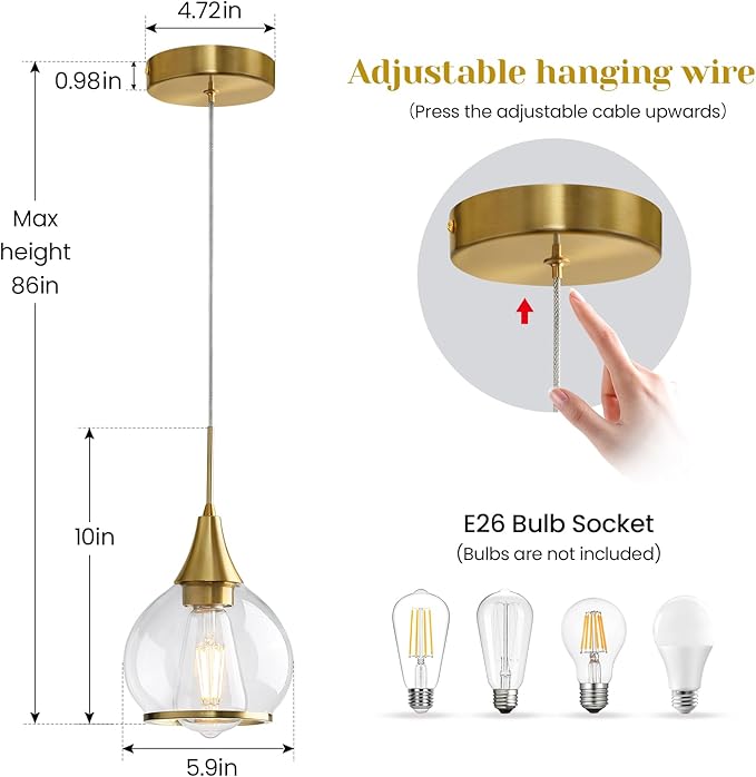 Pendant Light Fixtures Kitchen: 2 Pack Modern Gold Island Light with Clear Glass - 6 Inch Mid Century Globe Kitchen Lighting Chandeliers Ceiling for Foyer Bedroom-Ruum Studio Home