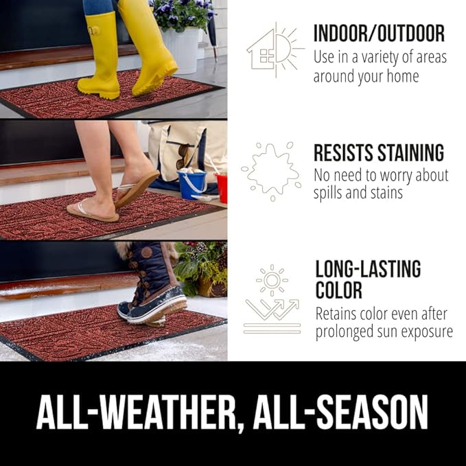 GORILLA GRIP 100% Waterproof All-Season WeatherMax Doormat 35x23, US Designed Natural Rubber, Stain and Fade Resistant, Low Profile Indoor Outdoor Door Mats, Easy Clean Patio Mat, Burgundy Leaves-Ruum Studio Home