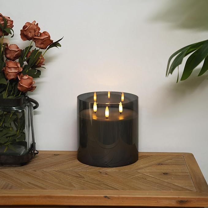Homemory 6X6'' Extra Large Flameless Candle with 3 Wicks, Glass LED Pillar Candle, Real Wax Battery Operated Candle with Remote Control and Timer, Grey-Ruum Studio Home