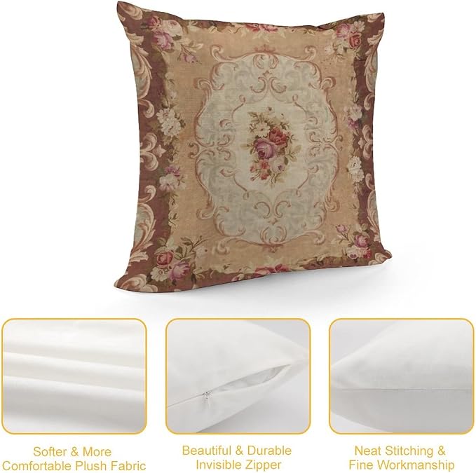 RURALS Antique Rose Floral French Aubusson Rug Decorative Pillow Covers Cozy Soft Throw Pillowcase Square Couch Cushion Cover for Home Decor Sofa Living Room Bed Car 18x18 Inch-Ruum Studio Home