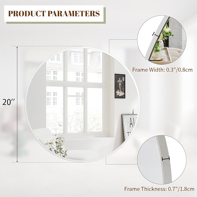 BEAUTYPEAK 20 Inch Round Mirror, Metal Frame Circle Mirror, Wall Mounted for Entryway, Bathroom, Vanity, Living Room, White-Ruum Studio Home