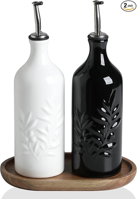 Sweejar Ceramic Olive Oil Dispenser Bottle, 20 Oz Relief Opaque Oil Cruet Protects To Reduce Oxidation, Suitable for Storage Vinegar, Soy Sauce,Liquids,Set of 2 (White Black)-Ruum Studio Home