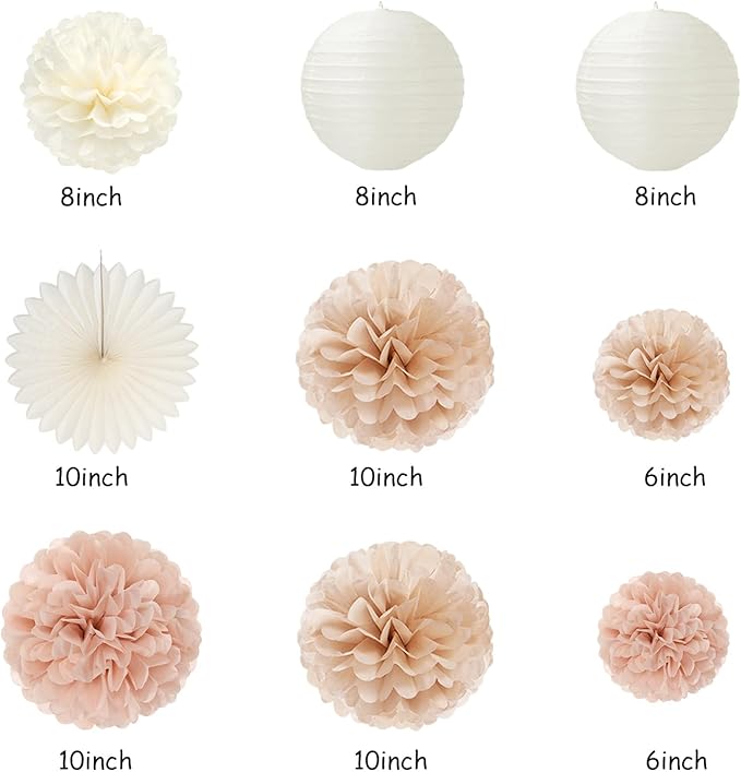 Champagne Rose-Gold Beige Birthday Party-Decorations - 14pcs Happy Banner Boho Lanterns Tissue Pom Poms,Rustic Streamers Garland Fans,Neutral One Sweet Peach Girls Women Hanging Supplies Decor Hugfond-Ruum Studio Home