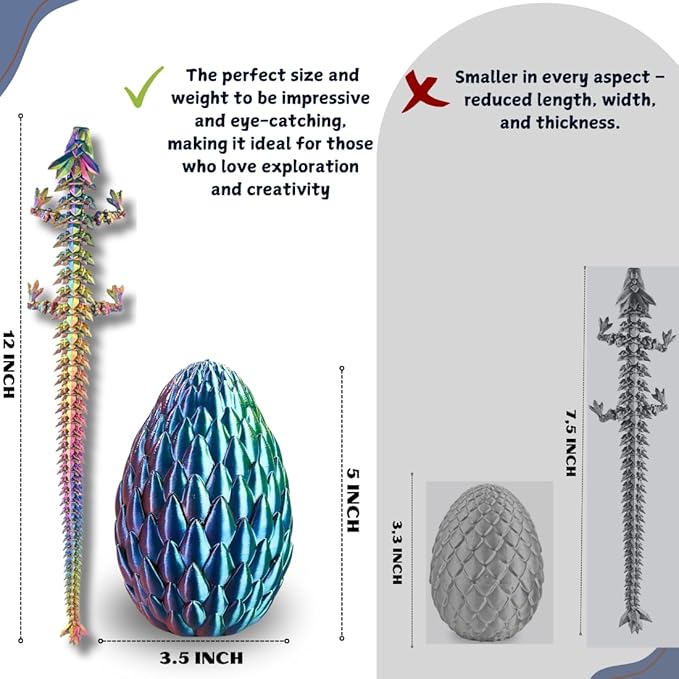 3D Printed 12” Articulated Crystal Dragon Inside 5.1” Egg – Fantasy Collectible, Fidget Toy & Stocking Easter Basket Stuffers for Home & Office Decor (Multicolor).-Ruum Studio Home