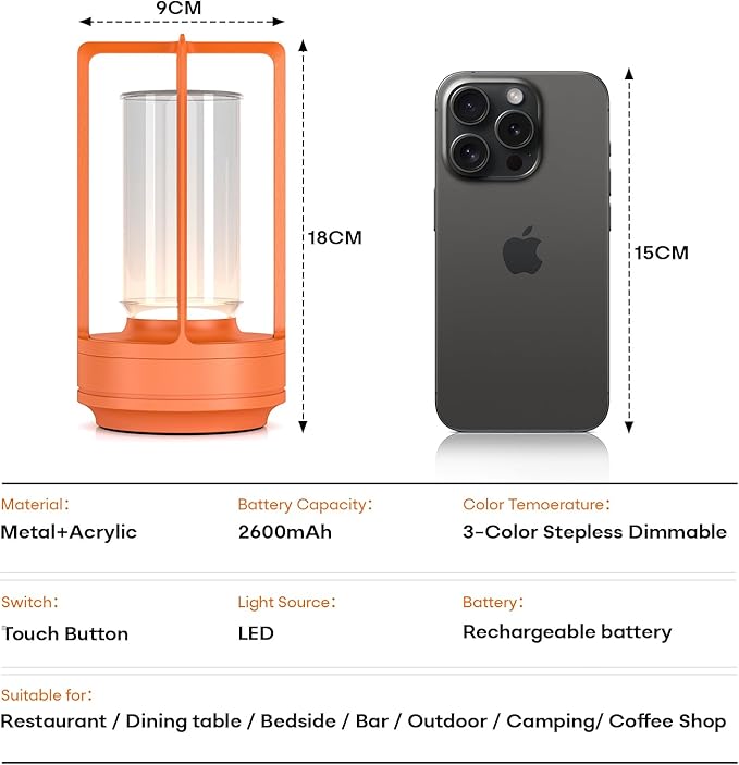 Portable Metal Table Lamp for Indoor/Outdoor ,Rechargeable Cordless LED Lamp, 3-Colour Infinitely Dimming Battery Powered Small Desk Lamp, Restaurant/Bedroom/Bar/Coffee Shop/Camping Light (Orange)-Ruum Studio Home