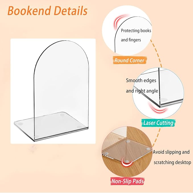 Lulonpon 8 Pieces Book Ends for Shelves, Heavy Books, School, Library, Desktop Organizer - Clear Acrylic Bookends-Ruum Studio Home