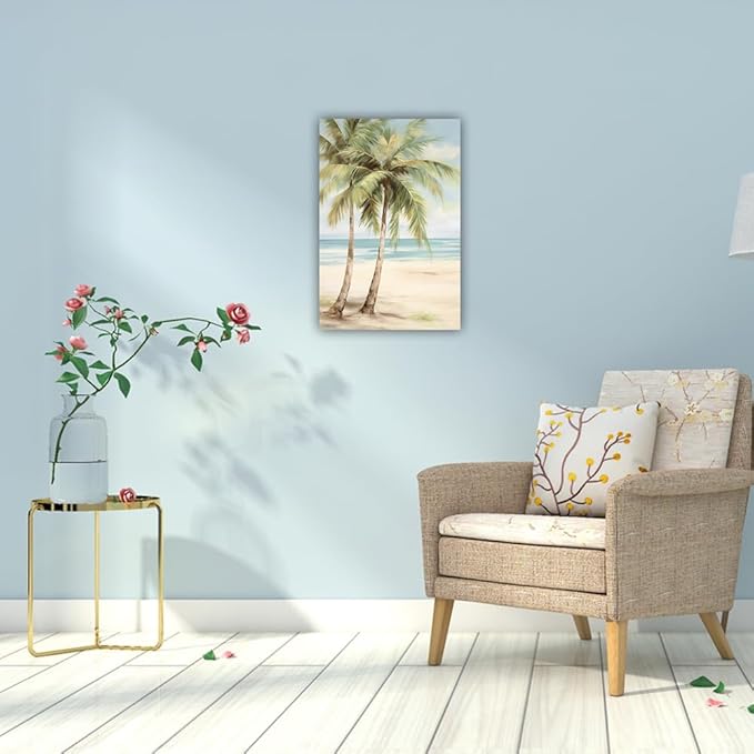 LURENCZH Tropical Beach Canvas Wall Art Seaside Palm Tree Picture Wall Decor Ocean Scenery Painting Prints for Bathroom Decor Framed(Beach-2,20.00" x 30.00")-Ruum Studio Home