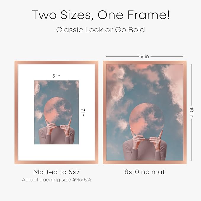 Homeforia Rose Gold 8x10 Picture Frame, High End Metal 8 x 10 Poster Frames with Mat 5 by 7 Print, 10x8 Thin Frame Matted to 7x5 Photo, 8by10 Wall or Tabletop Frame, Tempered Glass, Wall Kit, Set of 1-Ruum Studio Home
