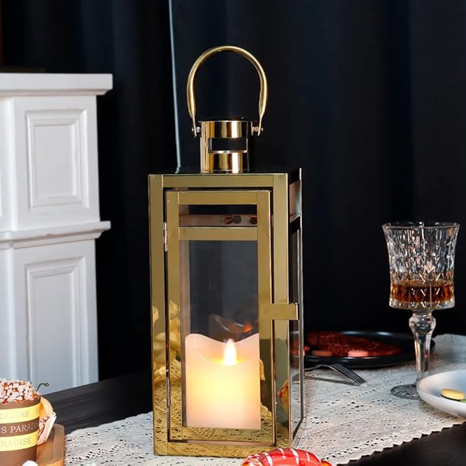 TRIROCKS Stainless Steel Decorative Lantern 12'' High Metal Candle Holder Outdoor Candle Lantern with Tempered Panels for Christmas Home Decor Living Room Parties Events Tabletop Indoor Outdoor (Gold)-Ruum Studio Home