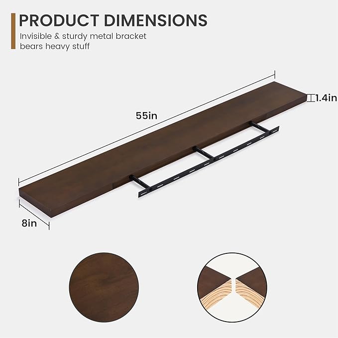 Floating Shelves 55 Inches Long - 8 Inch Deep Rustic Solid Pine Wood for Storage - Farmhouse Wall Mounted for Living Room - Heavy-Duty Metal Bracket - 55" W x 8" D - American Walnut Color-Ruum Studio Home