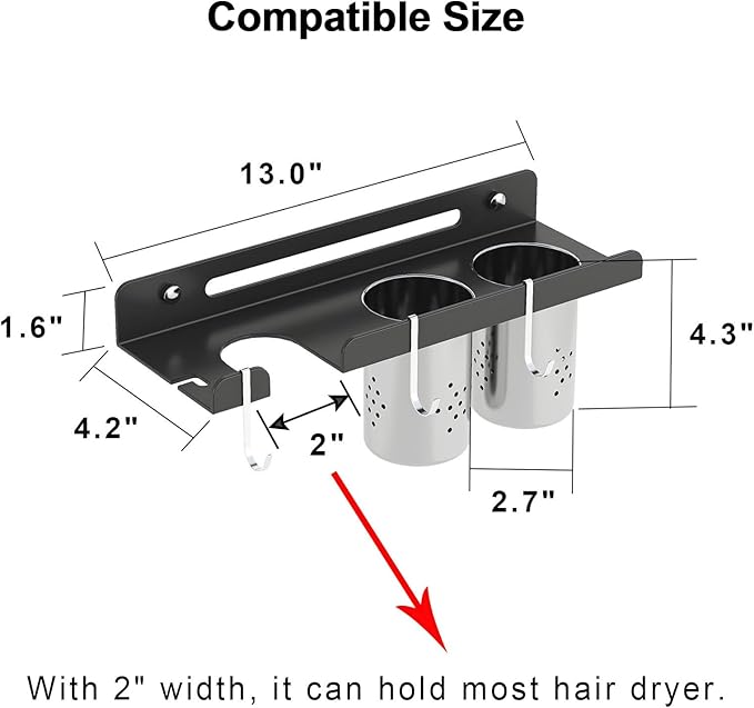 junyuan Hair Tool Organizer Wall Mount,Self Adhesive Hair Dryer Holder for Bedroom & Bathroom,Blow Dryer Holder for Dyson Hair Dryer,Stainless Steel Cups for Medium or Small Bathroom Storage 4" Width-Ruum Studio Home