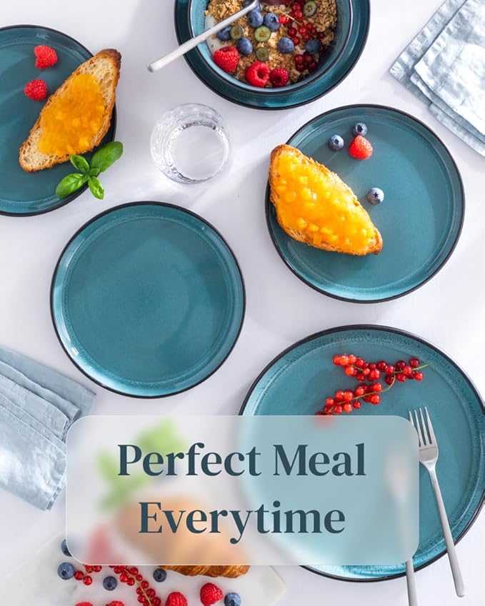 32 Piece Dinnerware Sets for 8 - Modern Style Stoneware Dinnerware Set - Scratch Resistant, Dishwasher Safe Plates and Bowls Sets Ceramic, Dish Set, Bowl and Plate Set - Black and Petrol Blue…-Ruum Studio Home