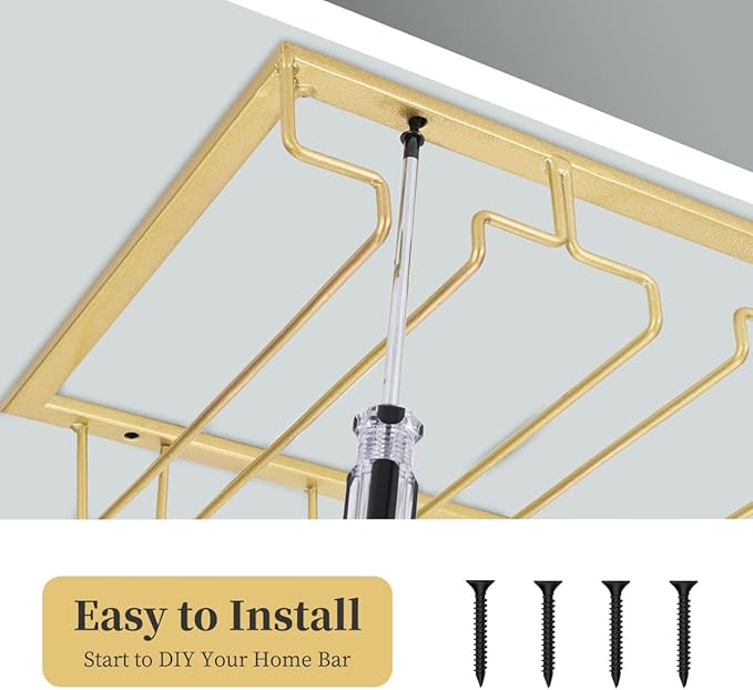 Xverycan Wine Glass Rack Under Cabinet, 8 Row Extreme Large Stemware Hanger, Metal Wine Goblet Holder, DIY Bar Glass Storage Rack for Bar Counter, Kitchen, Screws Included (Gold)-Ruum Studio Home