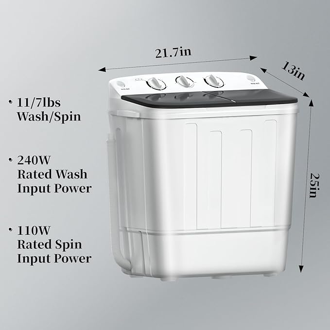 Portable Mini Twin Tub 18lbs Washing Machine With Drying Rack& 10 Hangers, 11lbs Washer & 7lbs Spinner, Small Laundry Washer with Time Control for Camping, Apartments, RV (18lbsBlack)-Ruum Studio Home