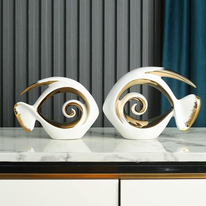 White Gold Ceramic Fish Figurines - Coastal Home Decor, Modern Ocean Centerpieces for Living Room, Dining Area, Bathroom, Office, Coffee Table, Beach House, Nautical, Seaside, Entrance, Shelf Display-Ruum Studio Home