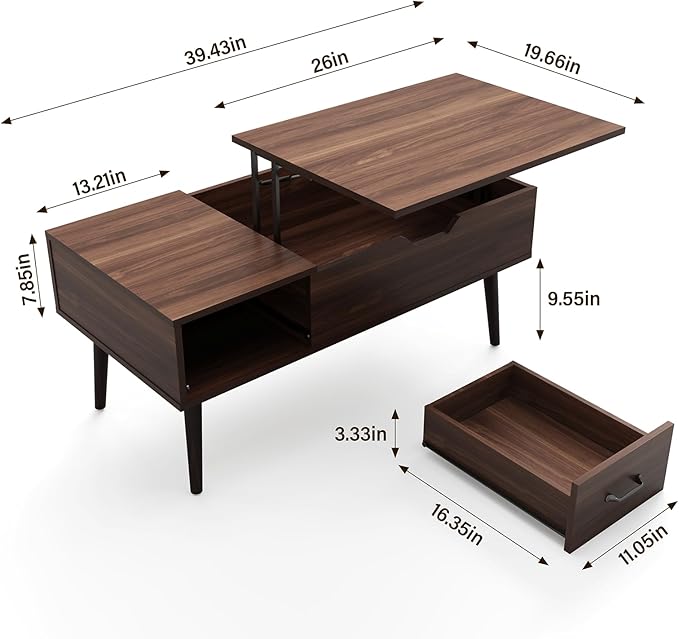 HAIOOU Lift Top Coffee Table with Storage, Mid Century Modern Coffee Tables with Drawer for Living Room,Walnut Rectangular Center Table with Pine Leg Anti-Scratching, Home, Office-Ruum Studio Home