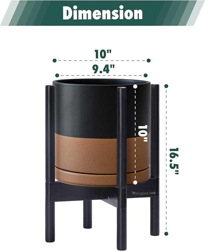 D'vine Dev Ceramic Planter with Ebony Stand - 10 Inch Modern Round Flower Pot with Wood Planter Holder, Black/Speckled Tan, 55-B-L-7-Ruum Studio Home