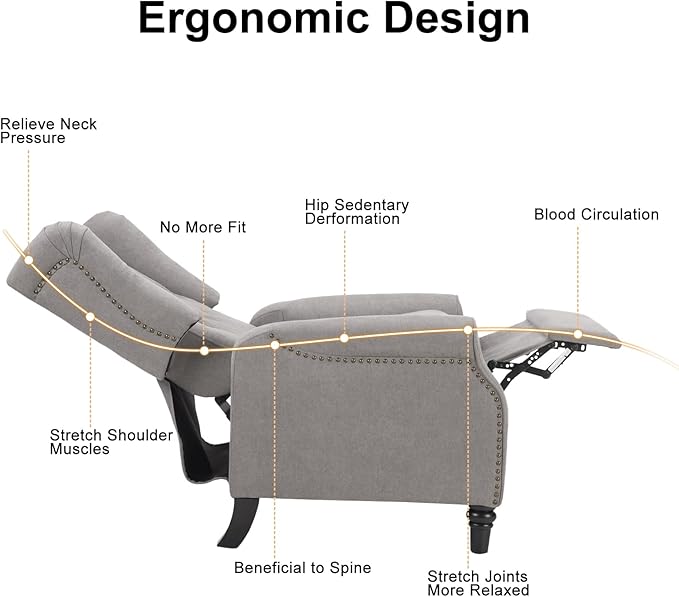 EBELLO 2 Pcs Pushback Recliner Chairs, Fabric Armchair Push Back Recliner with Rivet Decoration, Single Sofa Accent Chair for Living Room, Bedroom, Grey-Ruum Studio Home