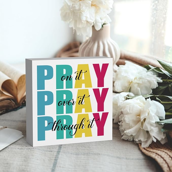 Office Decor for Women Christian Gifts Desk Bedroom Bible Verse Wall Art Inspirational Wooden Box - Pray on It Over It Through It-Ruum Studio Home