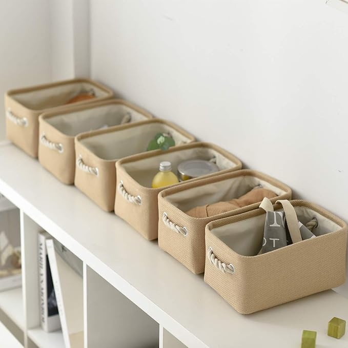 TheWarmHome Storage Basket for Organizing - Small 6 Pack 11.8x7.8x5.2 inch Fabric Storage Cubes with Cotton Rope Handle, Collapsible Storage Bins Baby Storage Toy Nursery (Beige)-Ruum Studio Home