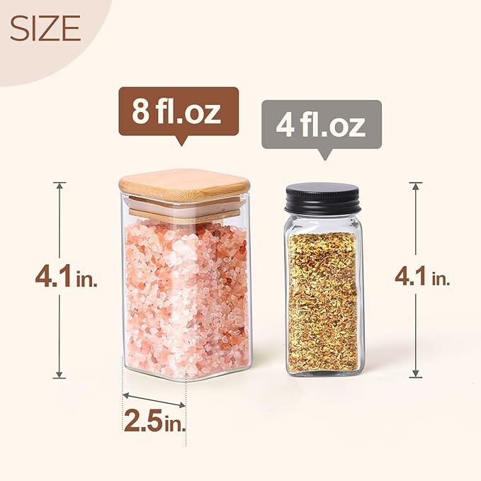 ComSaf 12Pcs Glass Spice Jars with Bamboo Lid, 8oz Airtight Square Containers with 275 Black Lables, Empty Seasoning Jars for Spice Salt Sugar-Ruum Studio Home