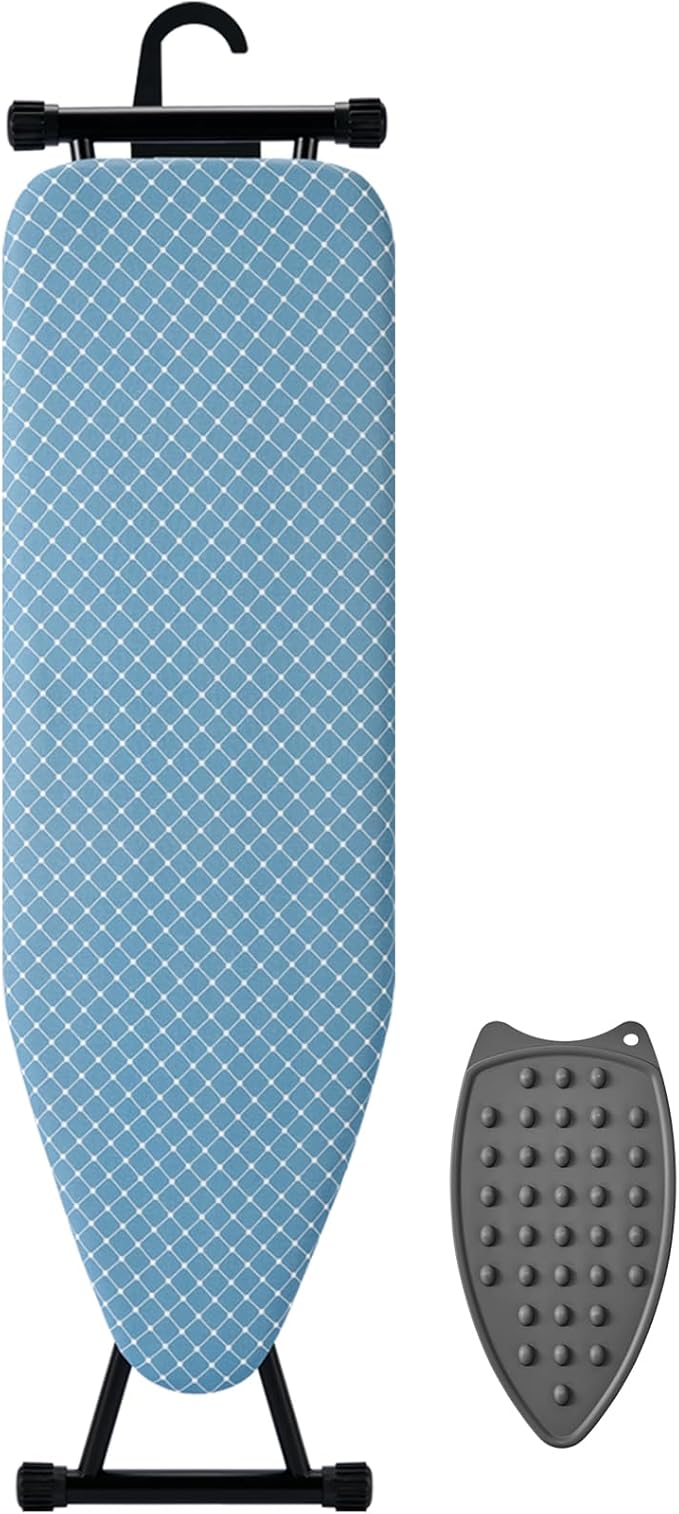 Compact Ironing Board 13 x 43, Iron Board with Heat Resistant Surface, Adjustable Height, Space Saving Table with Hook & Iron Rest for Home & Laundry Room, Diagonal Checkered Blue-Ruum Studio Home