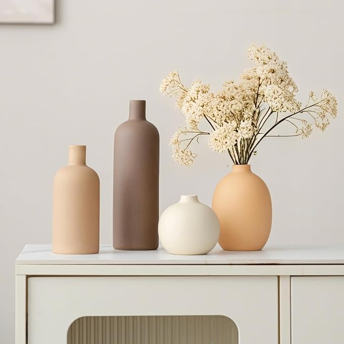 Modern Ceramic Vase Set, Neutral Colors, Decorative Vases for Home Shelf Decor, 4 Piece Collection (Coffee Mix Set 4)-Ruum Studio Home