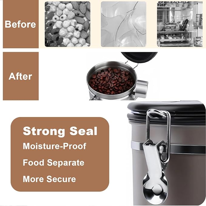 Coffee Canister Airtight Storage Container Stainless Steel Coffee Jar with Scoop,Date Tracker CO2 Release Valve for Dry Food Beans Ground Tea Flour Cereal and Sugar (1.8L Grey-Brown With Spoon(2pcs))-Ruum Studio Home