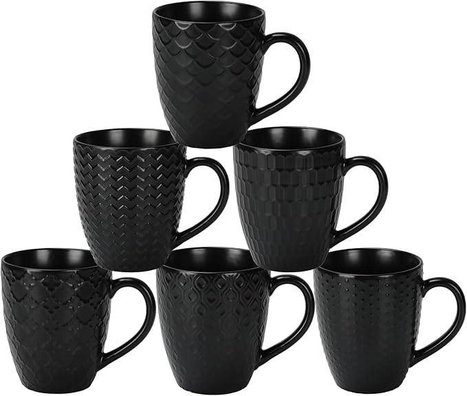 16 OZ Bone Coffee Mugs Set of 6 Matte Black, Large Ceramic Coffee Mugs Set with Different Texture Patterns, Porcelain Cups with Handle for Espresso Latte Tea Milk-Ruum Studio Home