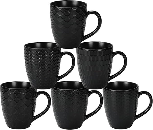 16 OZ Bone Coffee Mugs Set of 6 Matte Black, Large Ceramic Coffee Mugs Set with Different Texture Patterns, Porcelain Cups with Handle for Espresso Latte Tea Milk-Ruum Studio Home