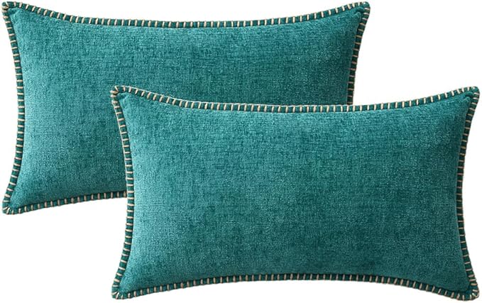 MIULEE Pack of 2 Couch Throw Pillow Covers 12x20 Inch Teal Farmhouse Decorative Pillow Covers with Stitched Edge Soft Chenille Solid Dyed Spring Pillow Covers for Sofa Bed Living Room-Ruum Studio Home