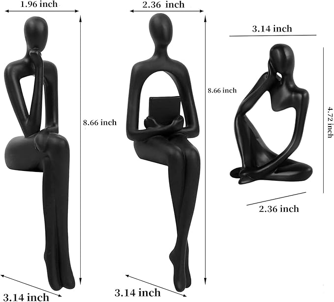 Home Decor Thinker Statue Accents, Set of 3 Thinker Sculptures Office Decor Modern Abstract Resin Decoration on Shelf Table Desk for Living Room Office Bedroom (Large Black)-Ruum Studio Home
