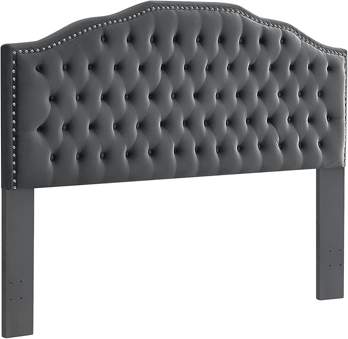 24KF Upholstered Button Tufted King Size Headboard with Nailhead Trim, Soft Velvet Fabric Headboard King/Cal King Size -Dark Gray-Ruum Studio Home