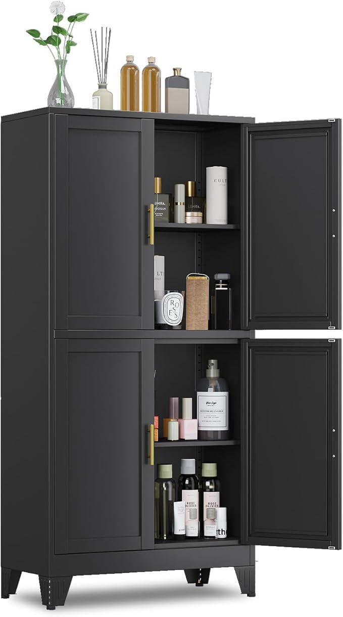 47.25" Metal Storage Cabinet, Black Kitchen Food Storage with 4 Door and 2 Adjustable Shelves, Freestanding Bathroom Cabinet, Pantry for Kitchen Dinning Room, Cupboard-Ruum Studio Home