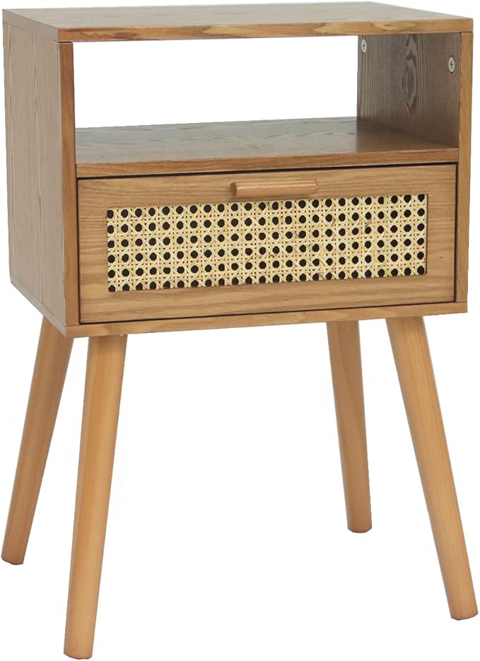 MaxSmeo Mid Century Modern Nightstand with Drawer, Small Nightstand Bedside Table, Rattan Nightstand, Wood End Table for Bedroom, Living Room (Brown)-Ruum Studio Home