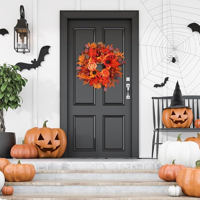 24" Fall Wreath for Front Door Outside - Sunflower, Pumpkin, Berry & Maple Leaves | Weatherproof Autumn Outdoor Wreaths with Hanger Hook for Thanksgiving, Harvest-Ruum Studio Home