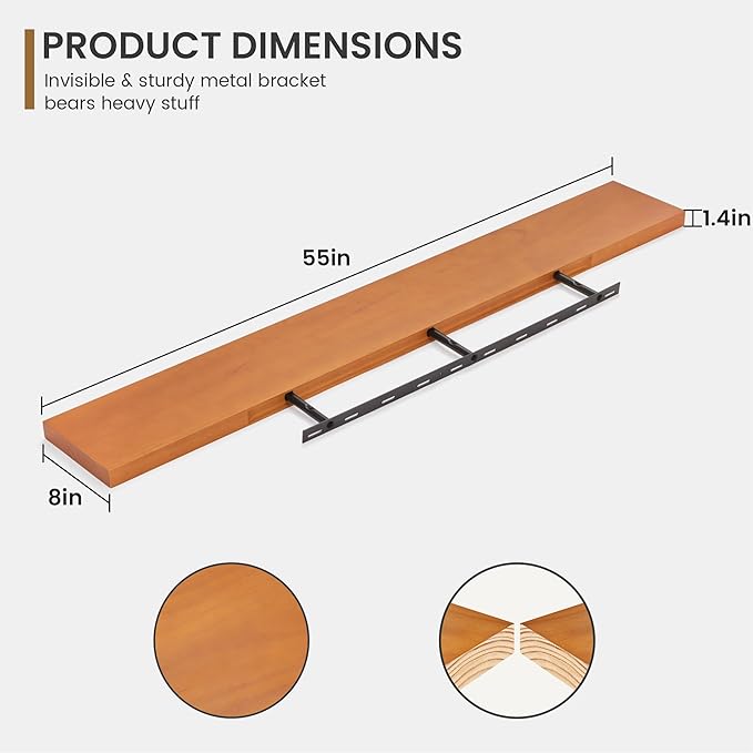 Fun Memories 55 Inches Floating Shelves - 8 Inch Deep Rustic Solid Pine Wood Wall Shelves for Storage - Farmhouse Wall Mounted for Living Room - Heavy-Duty Metal Bracket - 55" W x 8" D - Honey-Ruum Studio Home
