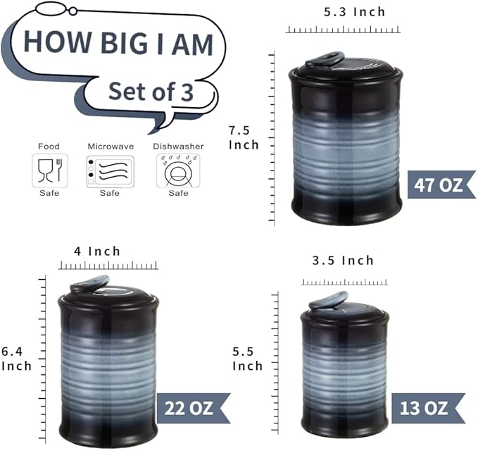 Nihow Ceramic Food Storage Jar Sets: Container with Air Tight Ceramic Lid for Flour/Sugar/Rice/Coffee/Cookies/Candy - Seal Damp-proof Canister for The Kitchen - Set of 3 （Gray）-Ruum Studio Home