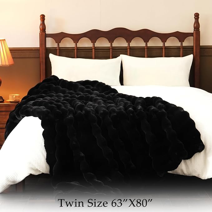 BENVWE Faux Fur Throw Blanket for Couch Bed - Fluffy Soft Thick Bubble Blanket for Living Room Home Decor - Fathers Day Birthday Gifts for Women Men, Black, 60" x 80"-Ruum Studio Home