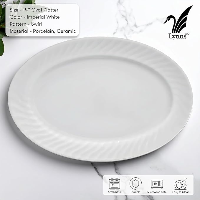 Lynns Paradise Imperial White 14-Inch Oval Platter, Set of 2, White; Heavy Duty; Chip Resistant; Lead and Cadmium Free; Freezer to Oven Safe up to 500°F-Ruum Studio Home