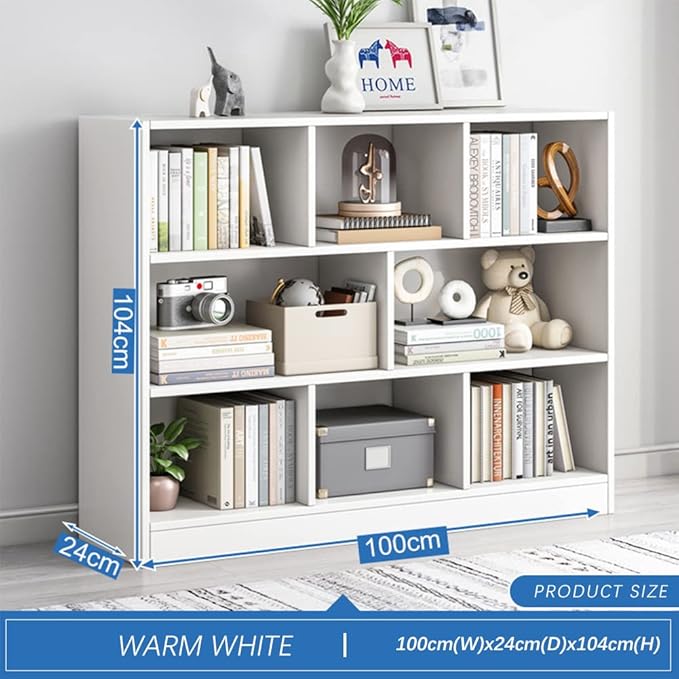 IOTXY Open Shelf Low Bookcase - Wooden 3-Tier Floor Standing Display Cabinet Organizer with Base, 8 Cubes Short Horizontal Bookshelf in Warm White-Ruum Studio Home